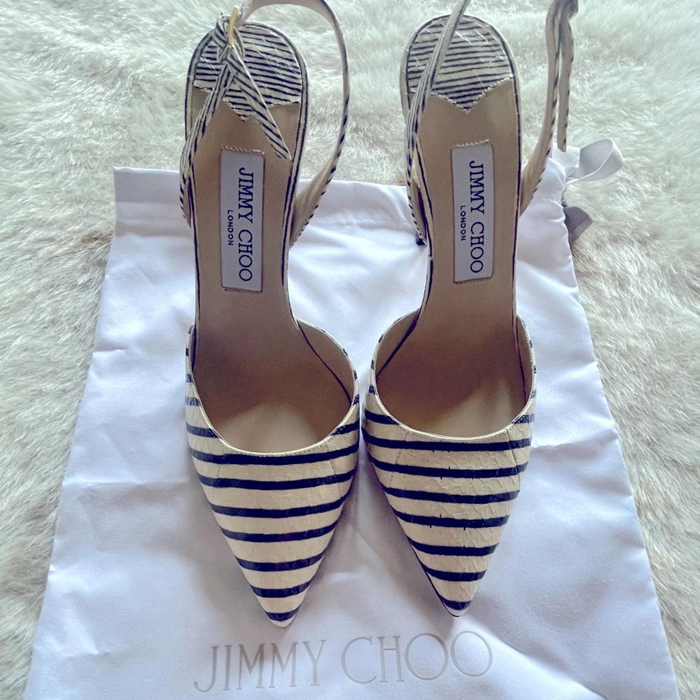 New in box beautiful Jimmy Choo striped sling back heels. Size 37.5